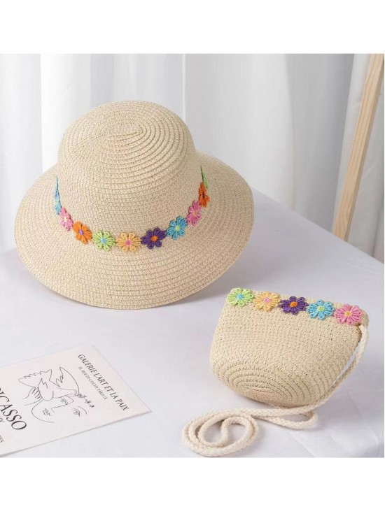 Kid Woven Sun Hat and Mini Bag W/ Flowers Set